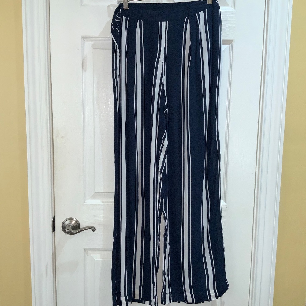 Zac & Rachel navy white striped wide leg pants sz 14 belt loops pull on